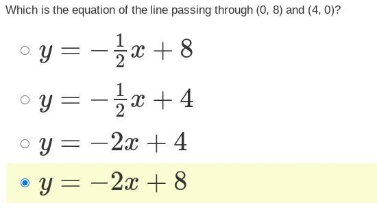 10 out of 15 Which is the equation of the line passing through (0, 8) and (4, 0)?-example-1