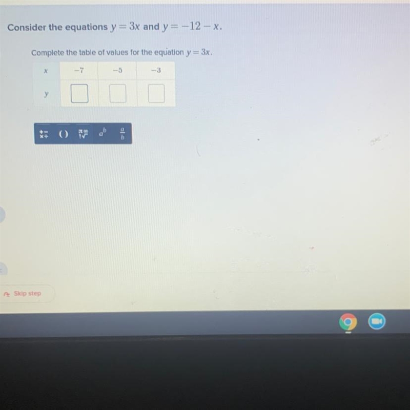 Consider the equations y = 3x and y = -12- x. Complete the table of values for the-example-1