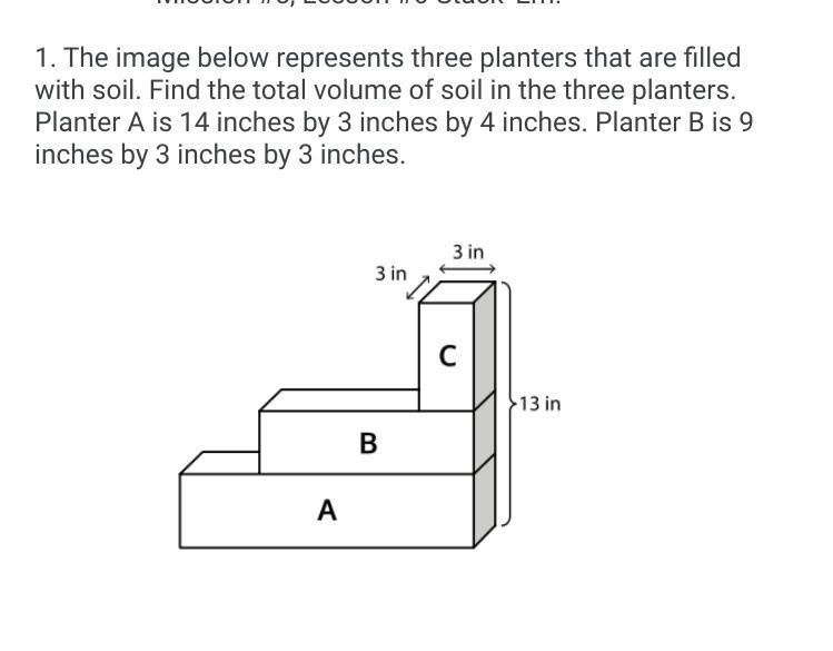 1. The image below represents three planters that are filled with soil. Find the total-example-1