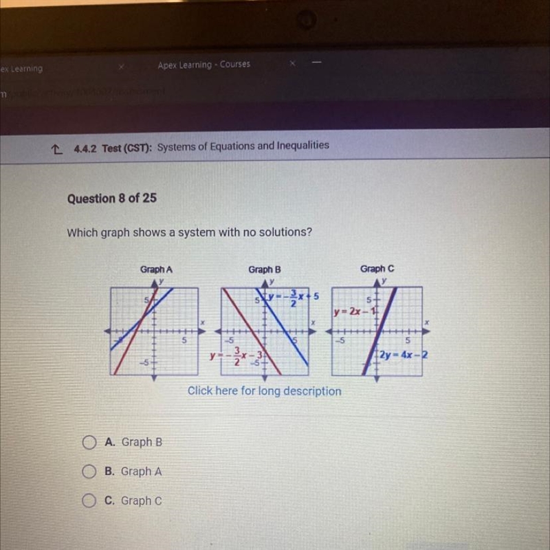 Which graph shows a system with no solutions?-example-1