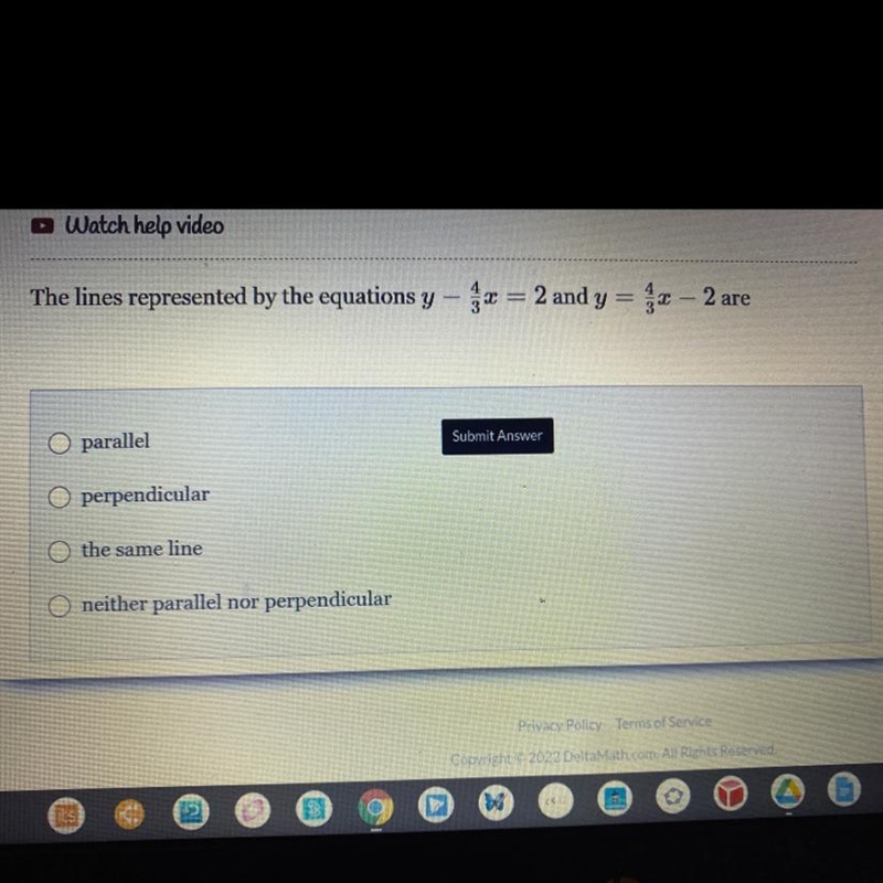 The lines represented by the equations y x = 2 and y = x 2 are-example-1