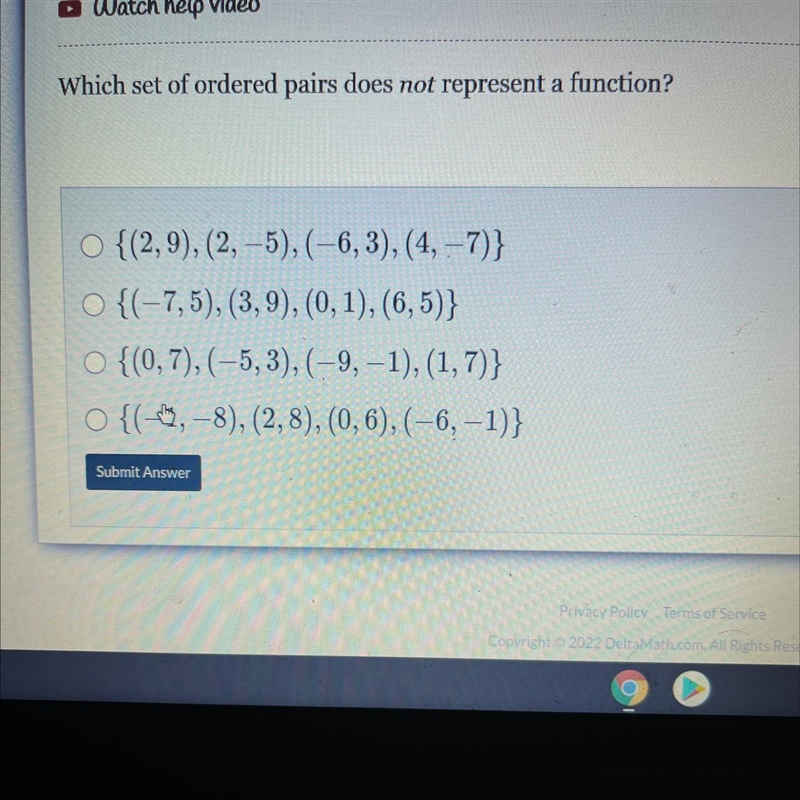 Which set of ordered pairs does not represents a function?-example-1