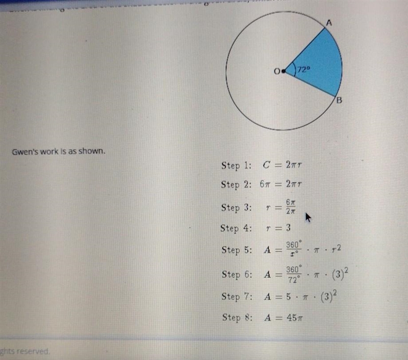 Step 1: C = 2r Step 2: 6 = 2r Step 3: r = 6/2 Step 4: r = 3 Step 5: A = 360°/x° × × r-example-1