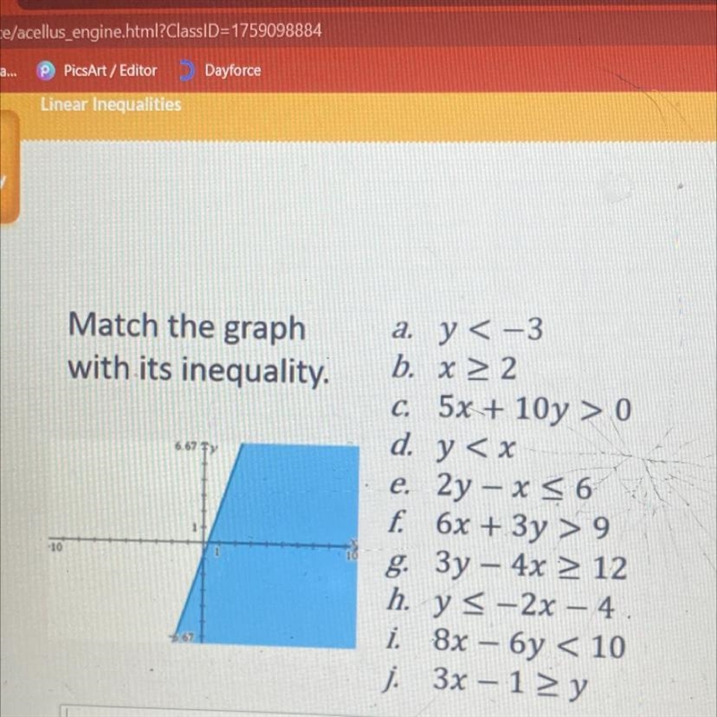 Match the graph with its inequality 6.67 Fy a. y<-3 b. x > 2 C. 5x + 10y &gt-example-1