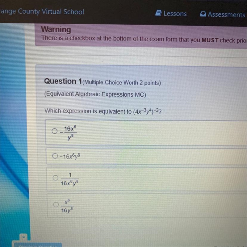 Which expression is equivalent to (4x-³y4)-²? PLEASE HELP ME ASAP!!-example-1