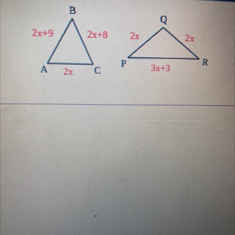 The perimeters of the triangles shown are equal. Find the side lengths of each triangle-example-1