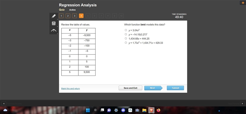 PLEASE HELP QUICKKKK!! Which function best models this data? y = 3.04x5 y = –14.15(0.27)x-example-1