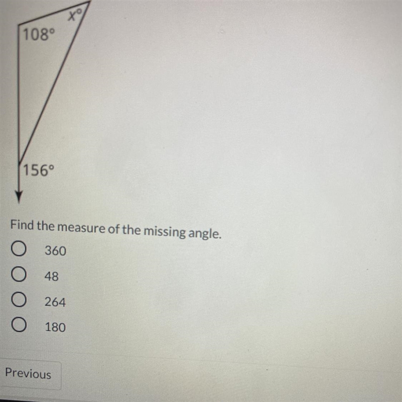 + 1080 156° Find the measure of the missing angle. 360 48 264 180-example-1