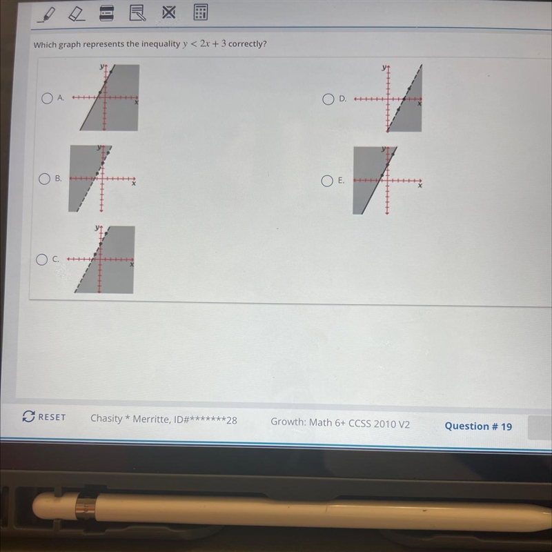 Which graph represents the inequality y < 2x +3 correctly-example-1