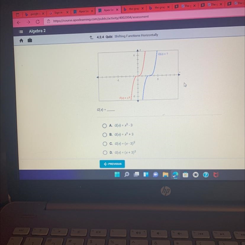 The graphs below have the same shape. What is the equation of the blue graph?-example-1