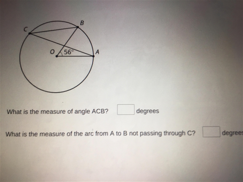 What is the measure of angle ACB What is the measure of the arc from A to B not passing-example-1