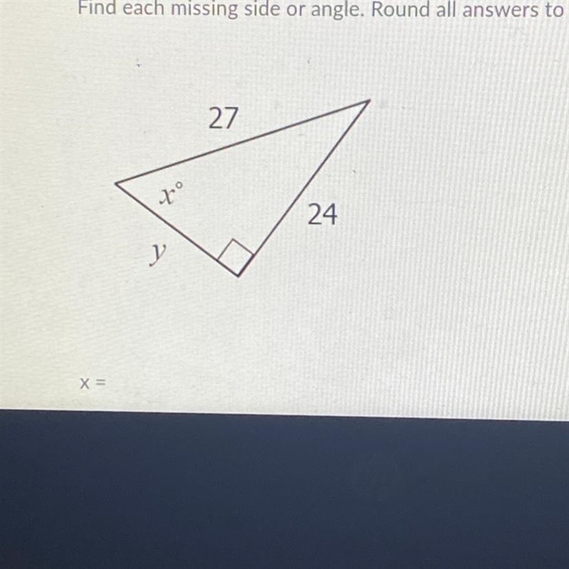 Find each missing side or angle. Round all answers to the nearest tenth x= y=-example-1