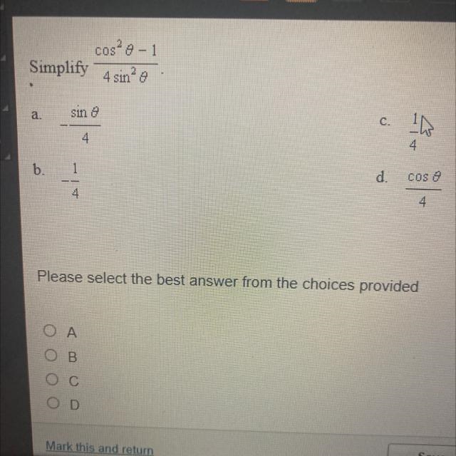 Trigonometric identities Simplify cos^2 theta -1/ 4 sin^2 theta-example-1