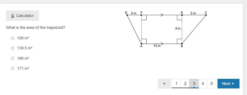 Help please! What is the area of this trapezoid? 108 in² 139.5 in² 166 in² 171 in-example-1