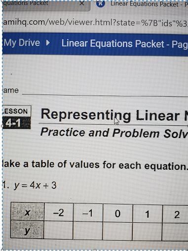 Make a table of values for each equation. 1. y = 4x + 3 I X -2 -1 0 1 2 у 3. V=-0.5x-example-1