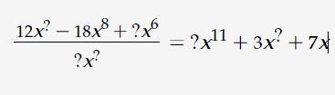 Find the missing coefficients and exponents identified by question marks. Rewrite-example-1