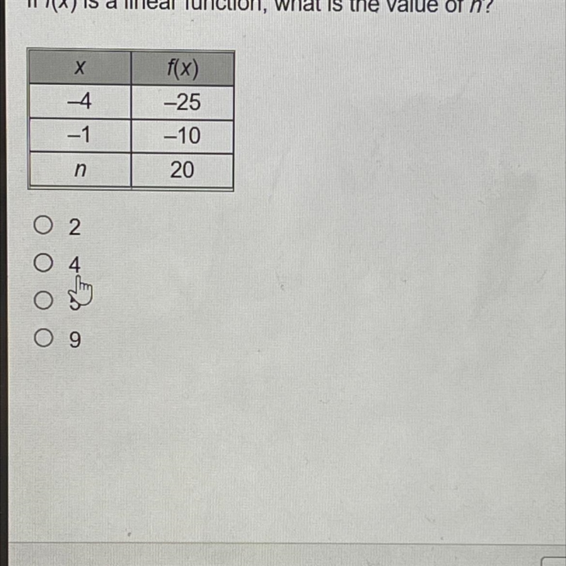 If f(x) is a linear function, what is the value of n? -4 -1 n 02 O O 9 f(x) -25 -10 20-example-1