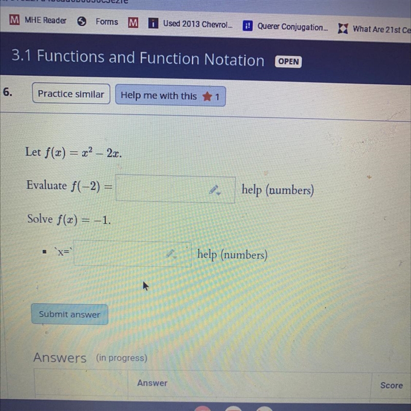 Let f(x) = 22 - 2x.Evaluate f(-2) =Solve f(x) = -1.-example-1