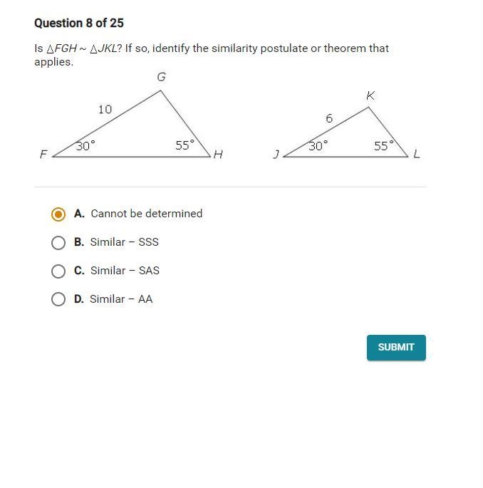 Is FGH ~ JKL? If so, identify the similarity postulate or theorem that applies.-example-1