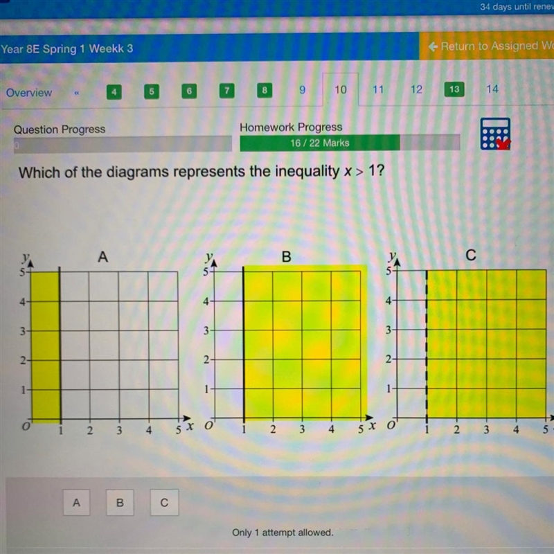 Which of the diagram represents the inequality x=1?-example-1