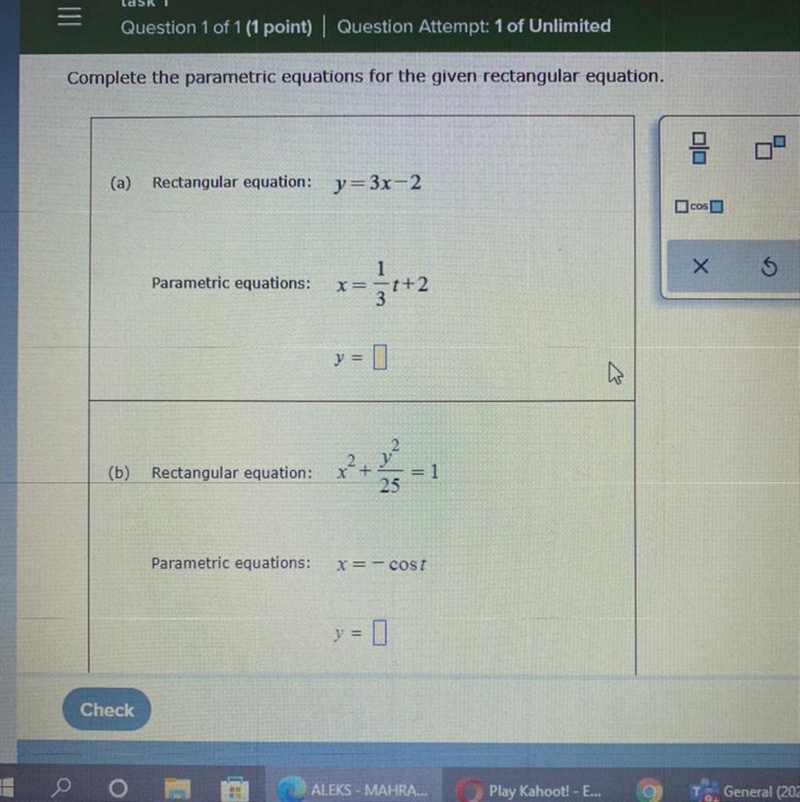 Complete the parametric equations for the given rectangular equation-example-1