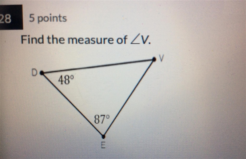 Find the measure of Zv. V D 48° 87° E-example-1