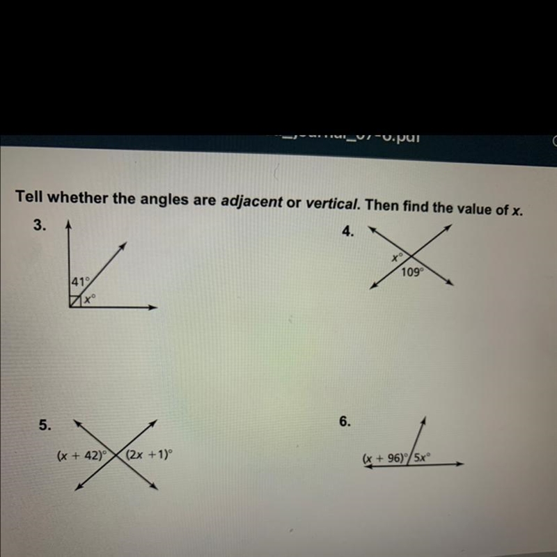 tell whether the angles are adjacent or vertical then find the value of x. can someone-example-1