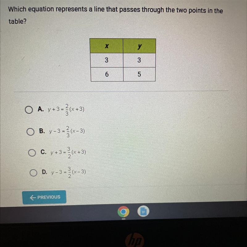 Which equation represents a line that passes through the two points in the table?-example-1