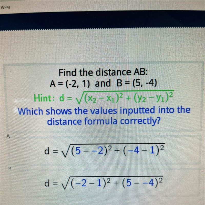 Find the distance- Which shows the values inputted into the distance formula? *See-example-1