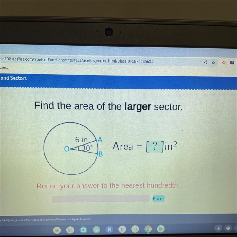 Find the area of the larger sector. 6 in O 30°-example-1