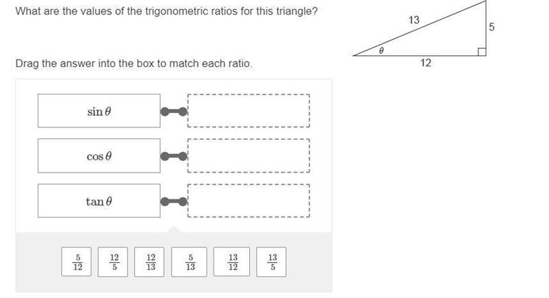 What are the values of the trigonometric ratios for this triangle? Drag the answer-example-1