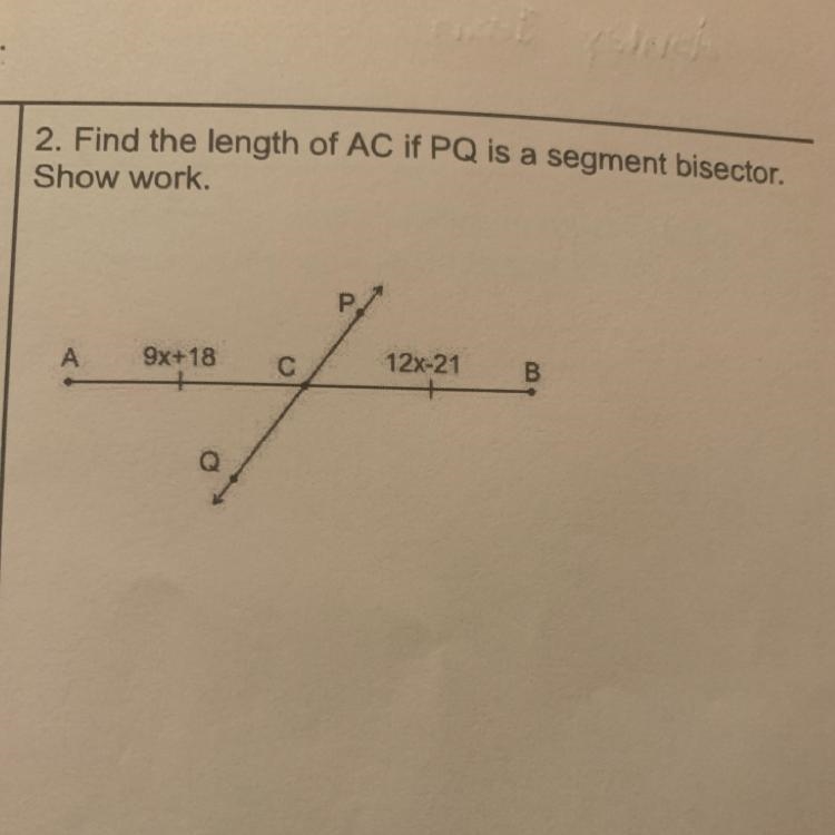 Find the length of AC if PQ is a segment bisector. Show work.-example-1