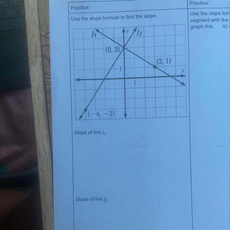 Practice Use the slope formula to find the slope. 12 (0,3) 113, 1) 11-4, -3) Slope-example-1