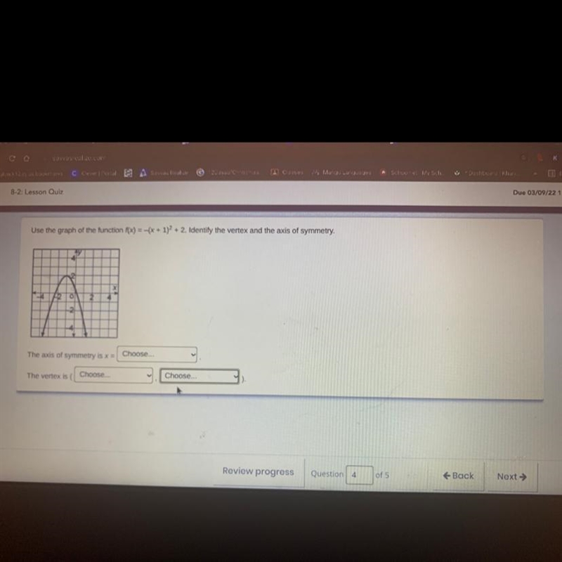 Use the graph of the function f(x) = -(× + 1)2 + 2. Identify the vertex and the axis-example-1