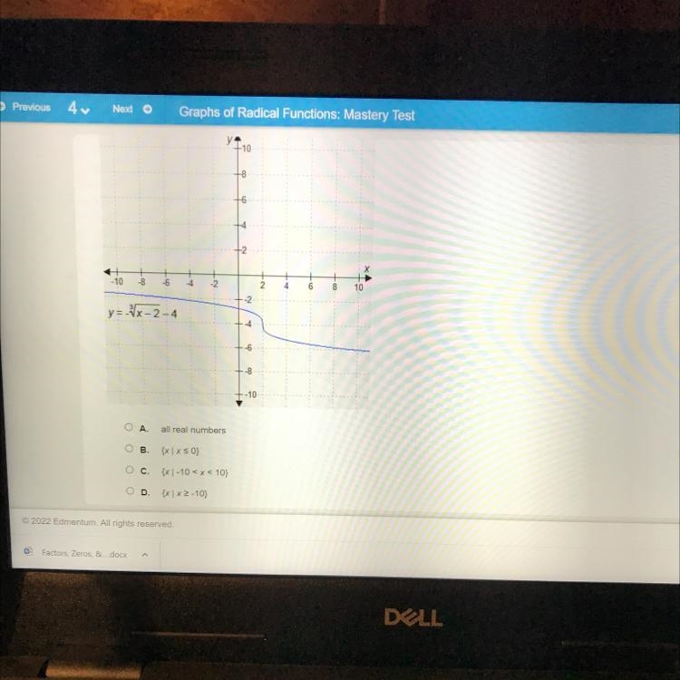 What is the domain of the radical function shown on the graph? y -10 y=-x-2-4 A. all-example-1