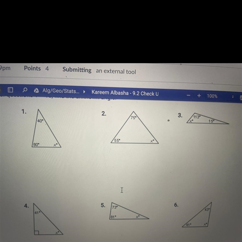 For questions 1-10, find the unknown angle.-example-1