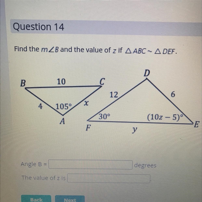 Find the angle B and the value of z if ABC=DEF-example-1