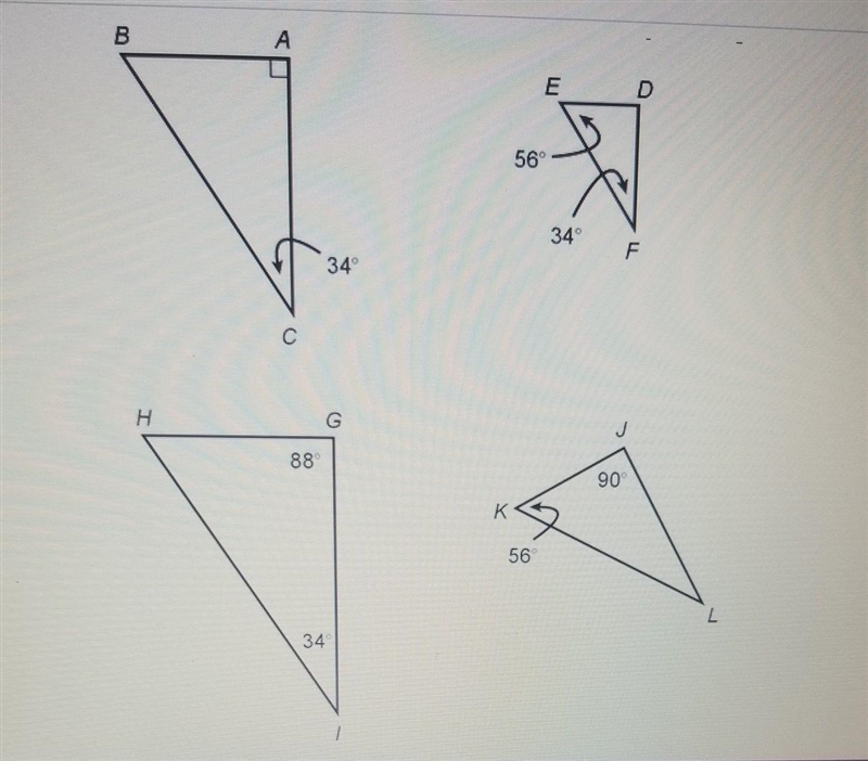 Which Triangles are similar? (If 2 pair of corresponding angles are congruent, then-example-1