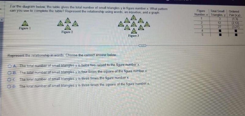 For the diagram below, the table gives the total number of small triangles y in figure-example-1