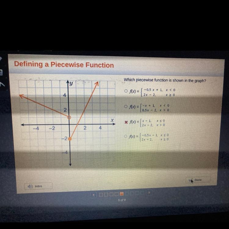 Function1yWhich piecewise function is shown in the graph?4O f(x) = -0.5 x + 1, x &lt-example-1