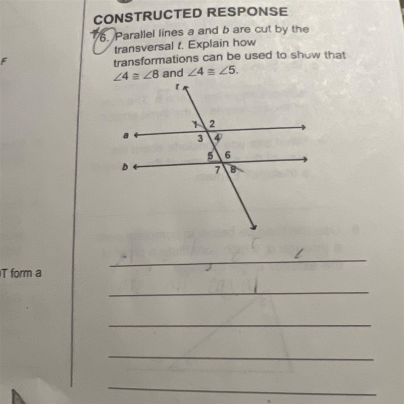 PLEASE HELP QUICK Parallel lines a and b are cut by the transversal t. Explain how-example-1