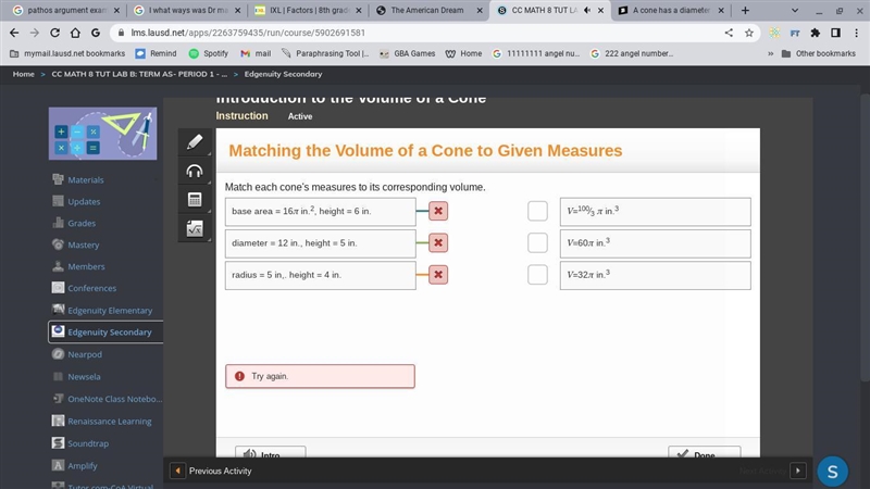 Match each cone to its corresponding volume imaged attached down below.-example-1