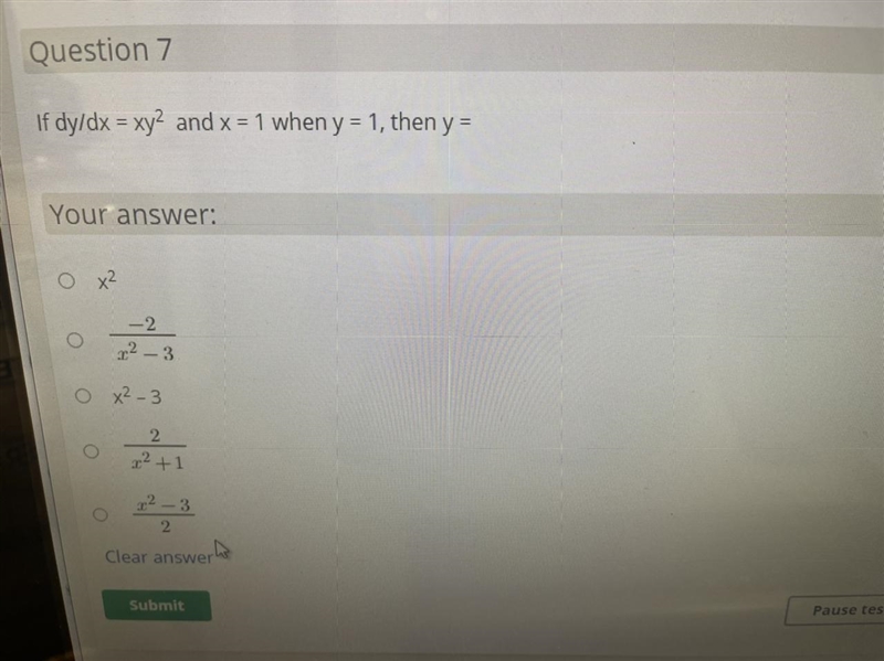 If dy/dx = xy2 and x = 1 when y = 1, then y = Your answer: 0 x2 o — 2 2 3 Q x2 - 3 22 +1 2–3 2-example-1