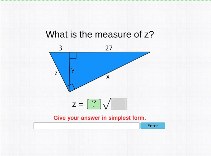 What is the measure of z? 3 27 y x z-example-1