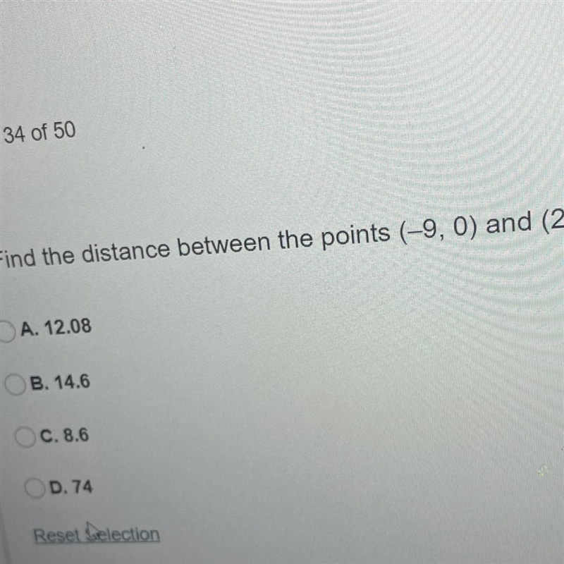 Find the distance between the points (-9,0) and (2,5) A. 12.08 B. 14.6 C. 8.6 D. 74-example-1