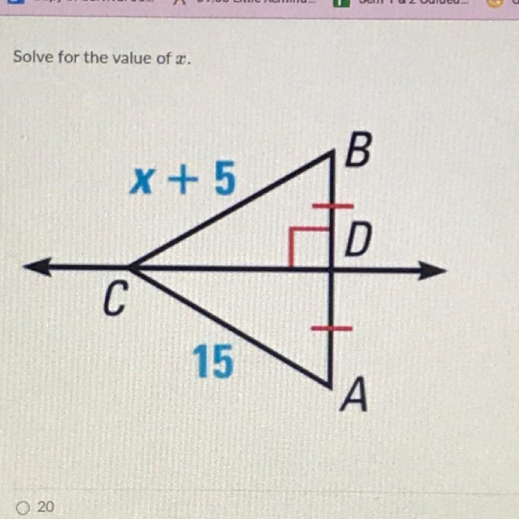 Solve for the value of x A. 20 B. 10 C. 45 D. 3-example-1