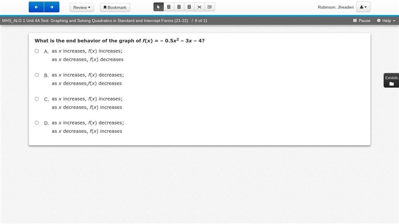 What is the end behavior of the graph of f(x) = – 0.5x2 – 3x – 4?-example-1