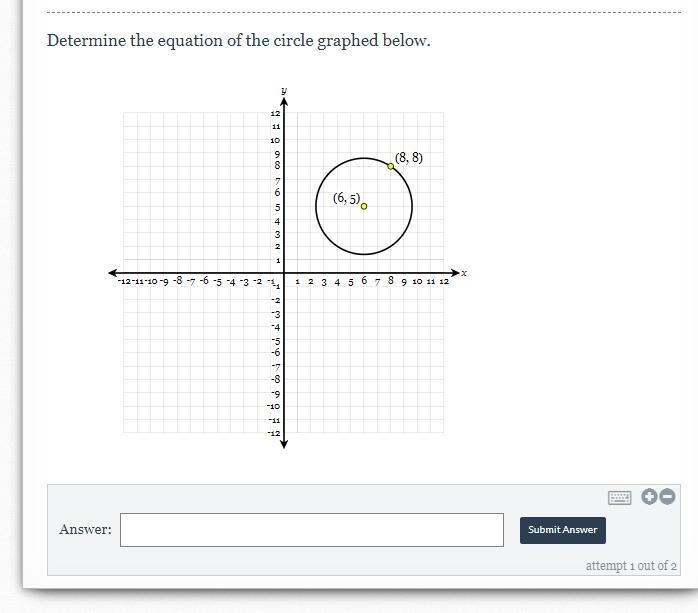 Determine the equation of the circle graphed below.-example-1