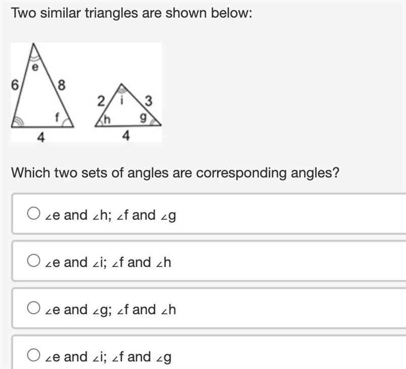 Two similar triangles are shown below Which two sets of angles are corresponding angles-example-1