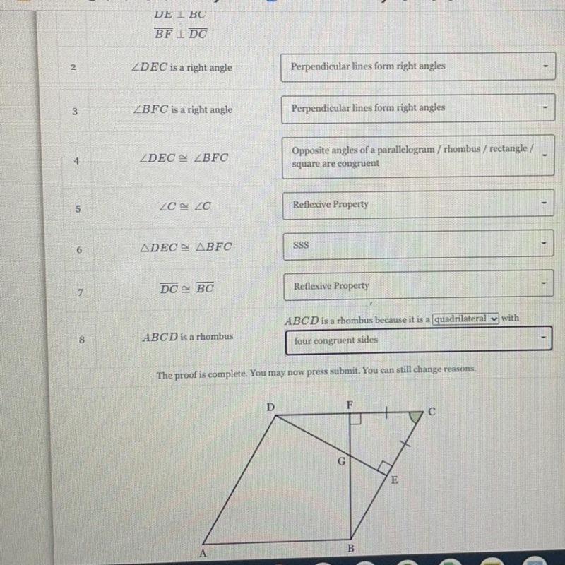 HELP ASAP!!! REASONS ONLY Given: ABCD is a parallelogram, FC is congruent to EC, DE-example-1